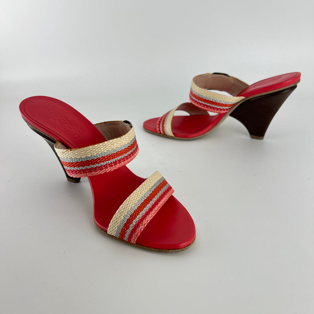 Ferragamo | Pink Stripe Silver Buckle Wedge Heels (6 , 36)