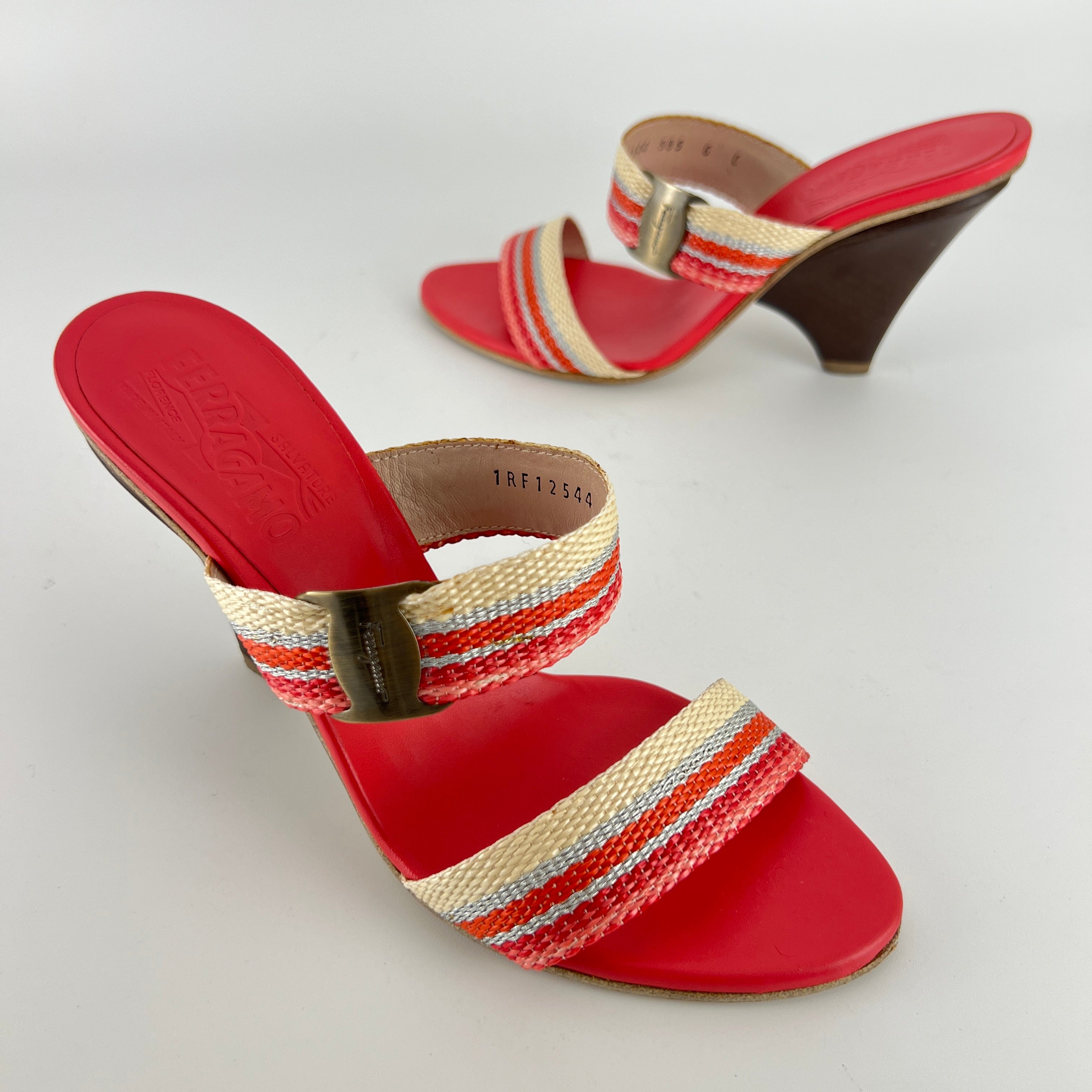 Ferragamo | Pink Stripe Silver Buckle Wedge Heels (6 , 36)