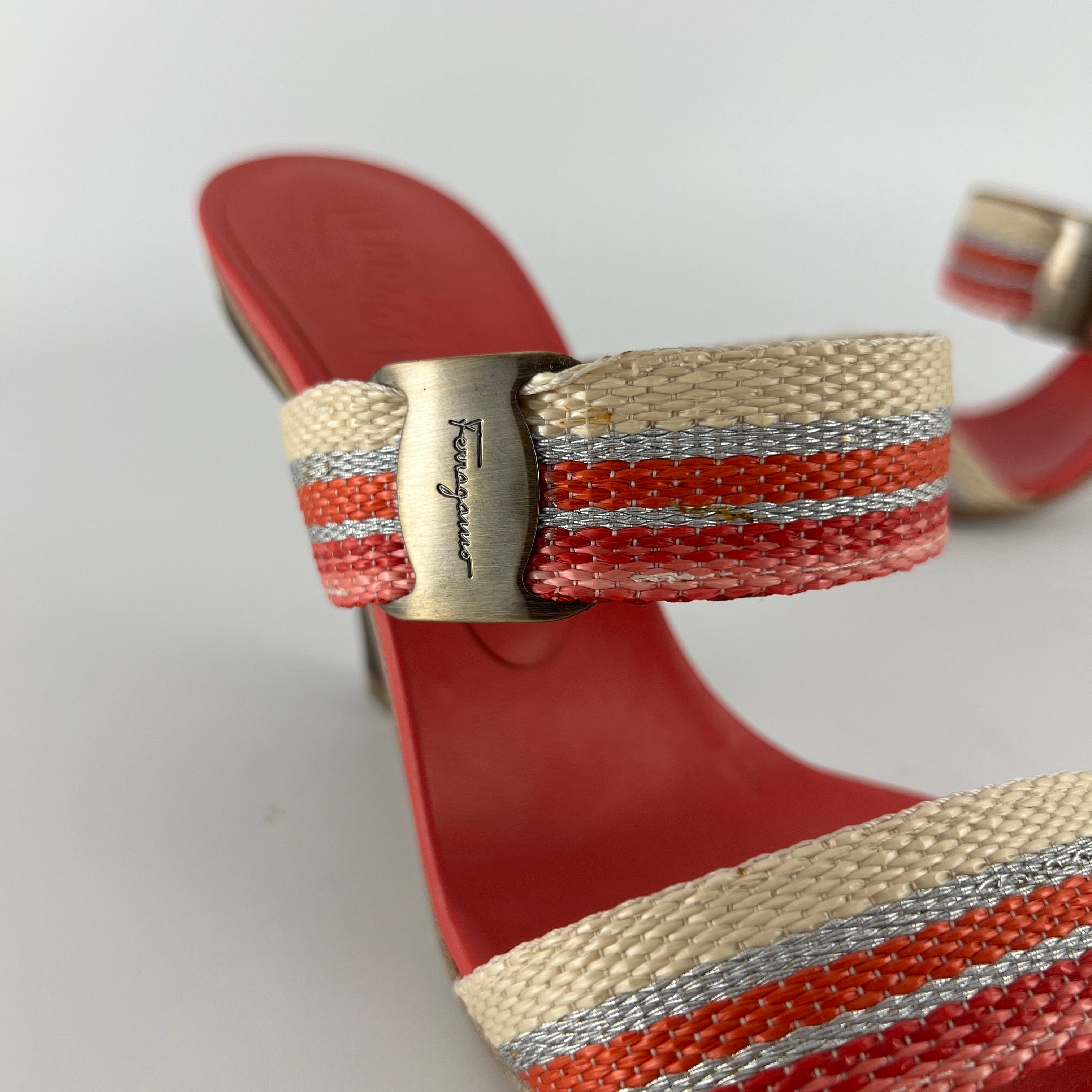 Ferragamo | Pink Stripe Silver Buckle Wedge Heels (6 , 36)