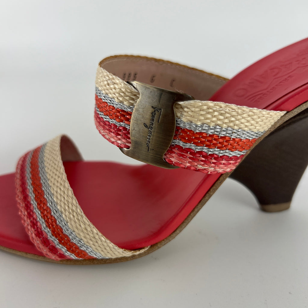Ferragamo | Pink Stripe Silver Buckle Wedge Heels (6 , 36)