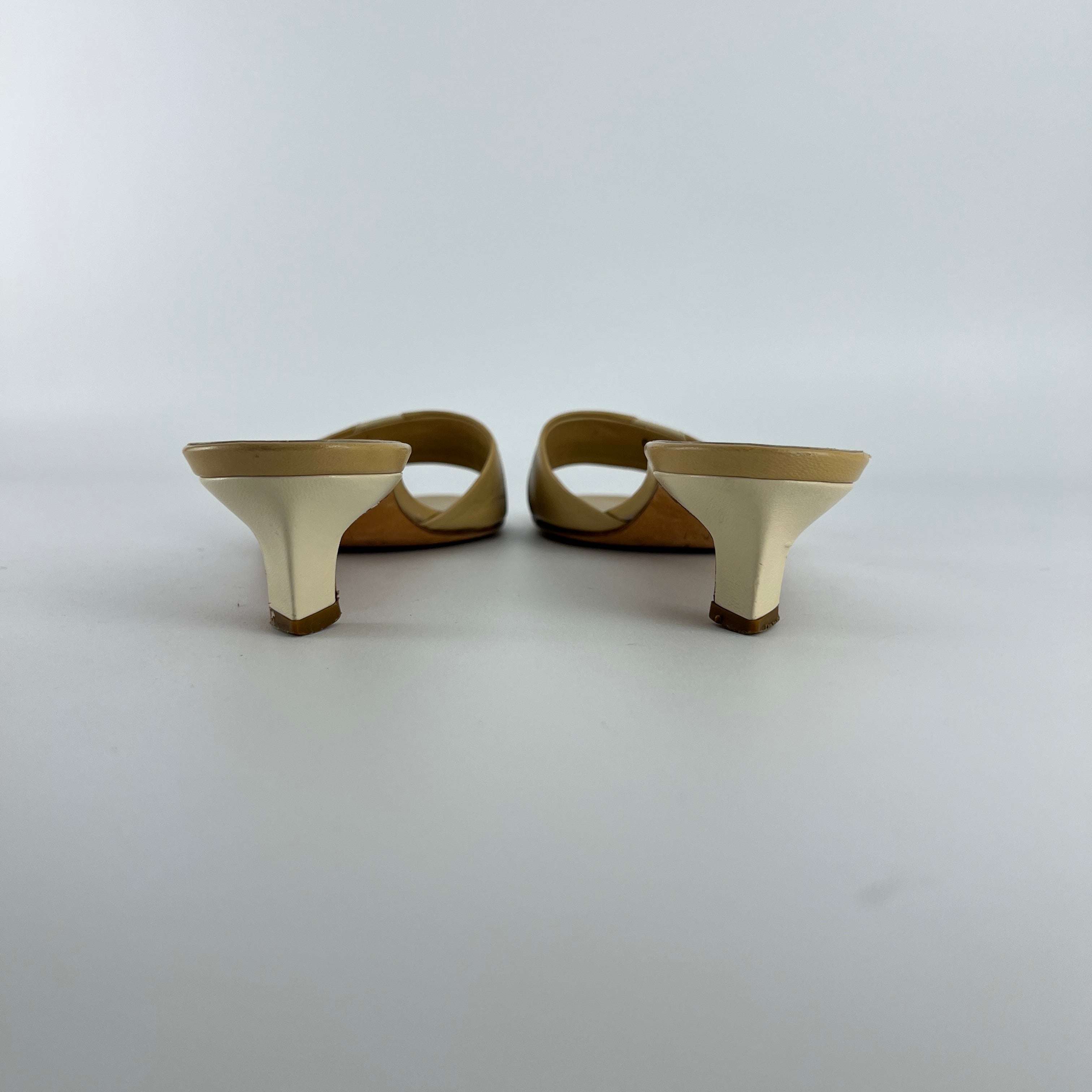 Bruno Magli | Beige Leather Kitten Heel Slide Mules (39)