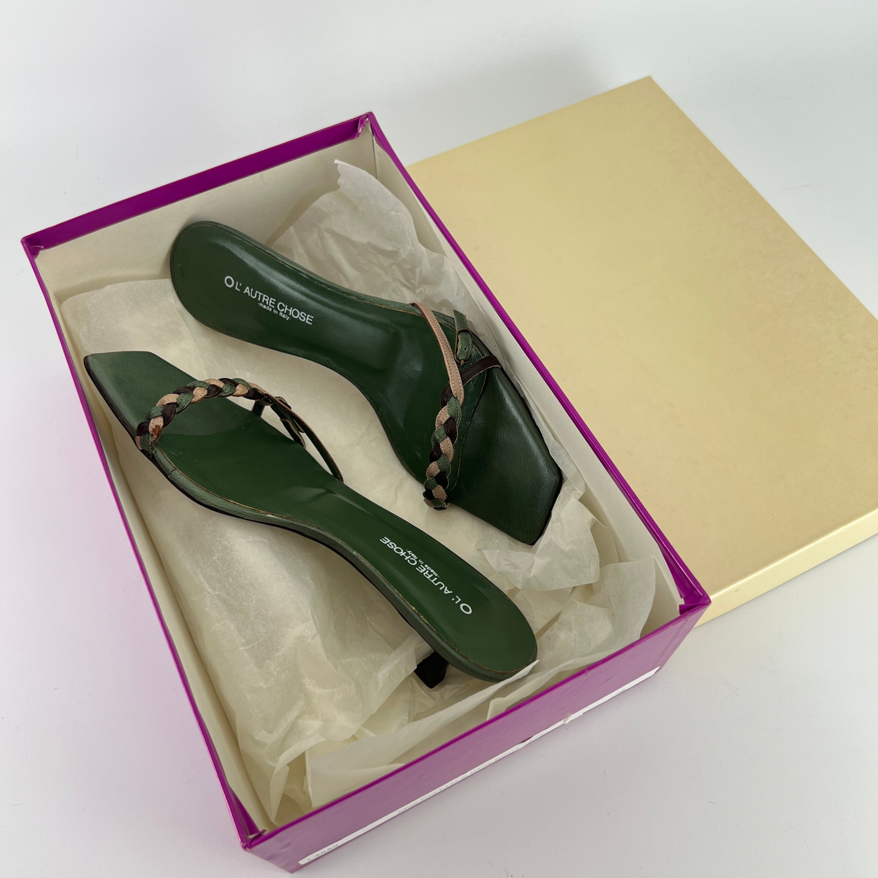 L'Autre Chose | Green Leather Braid Strap Slide Mule (36)