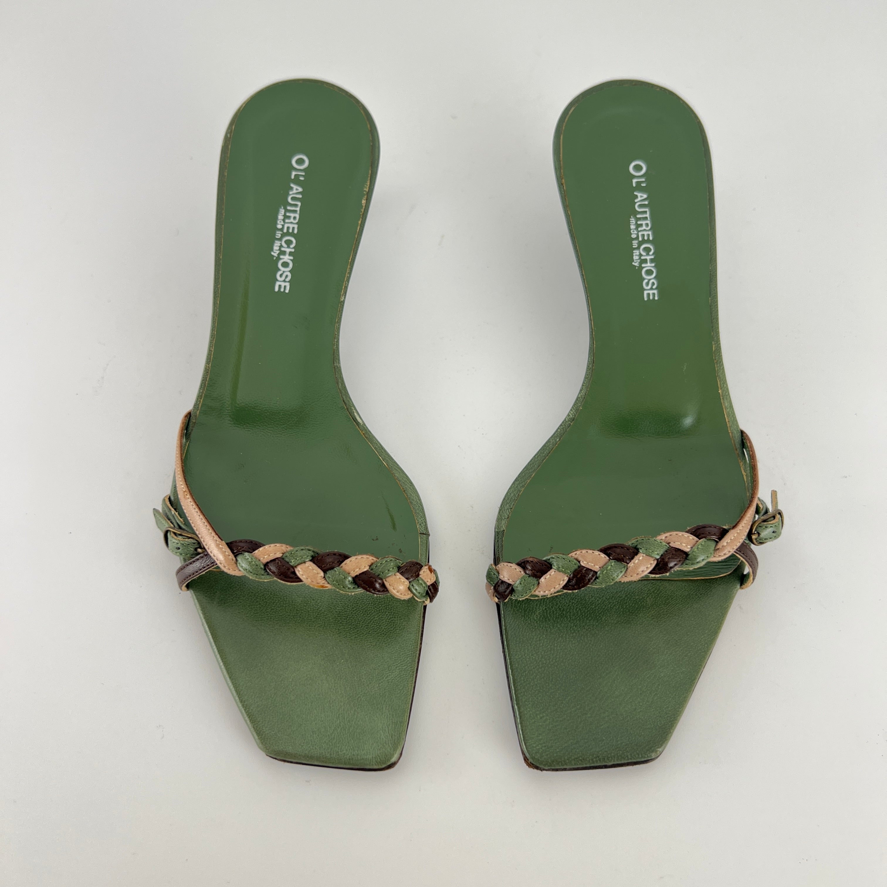 L'Autre Chose | Green Leather Braid Strap Slide Mule (36)