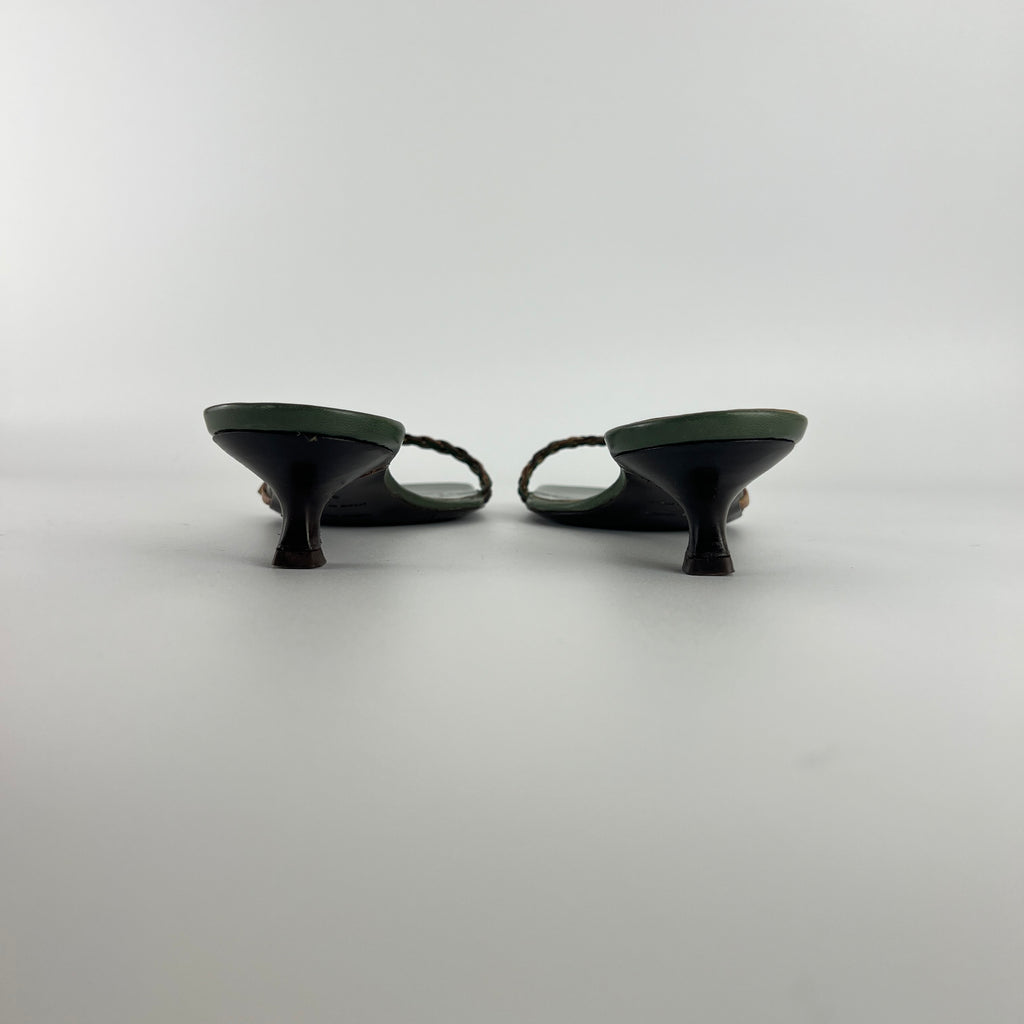 L'Autre Chose | Green Leather Braid Strap Slide Mule (36)