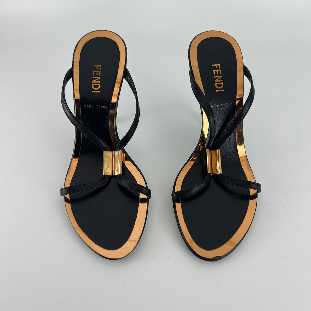 Fendi | Black Leather Gold Logo Plate Strappy Slide Mule (36)