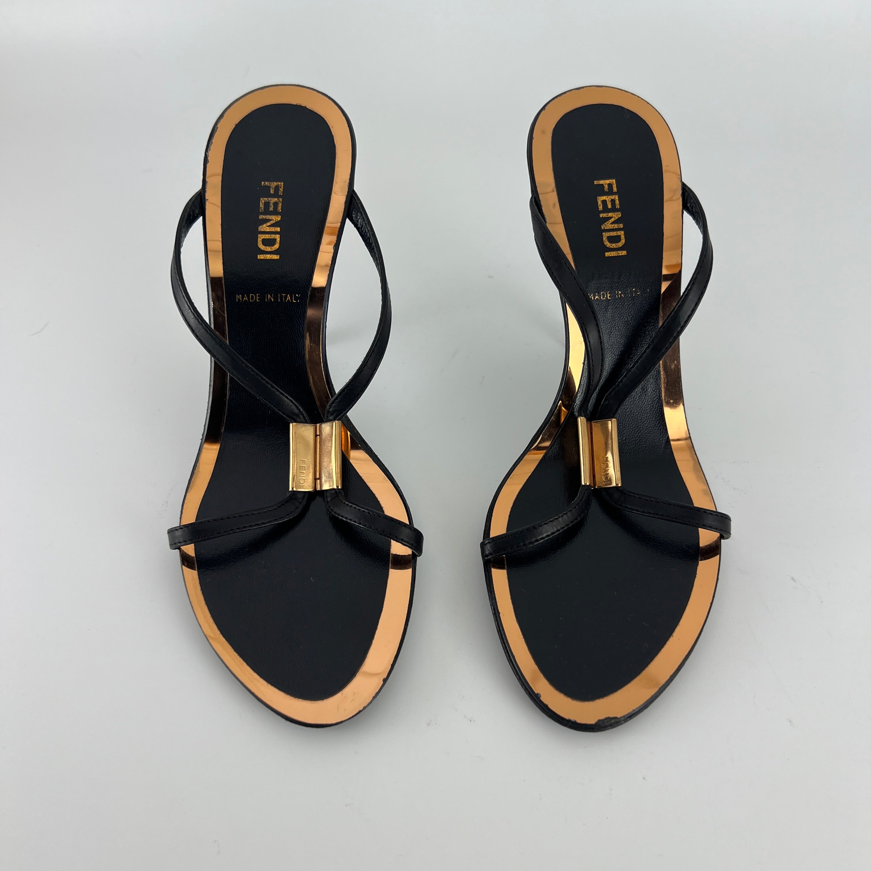 Fendi | Black Leather Gold Logo Plate Strappy Slide Mule (36)