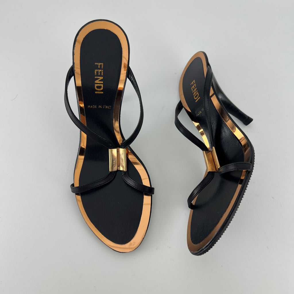 Fendi | Black Leather Gold Logo Plate Strappy Slide Mule (36)