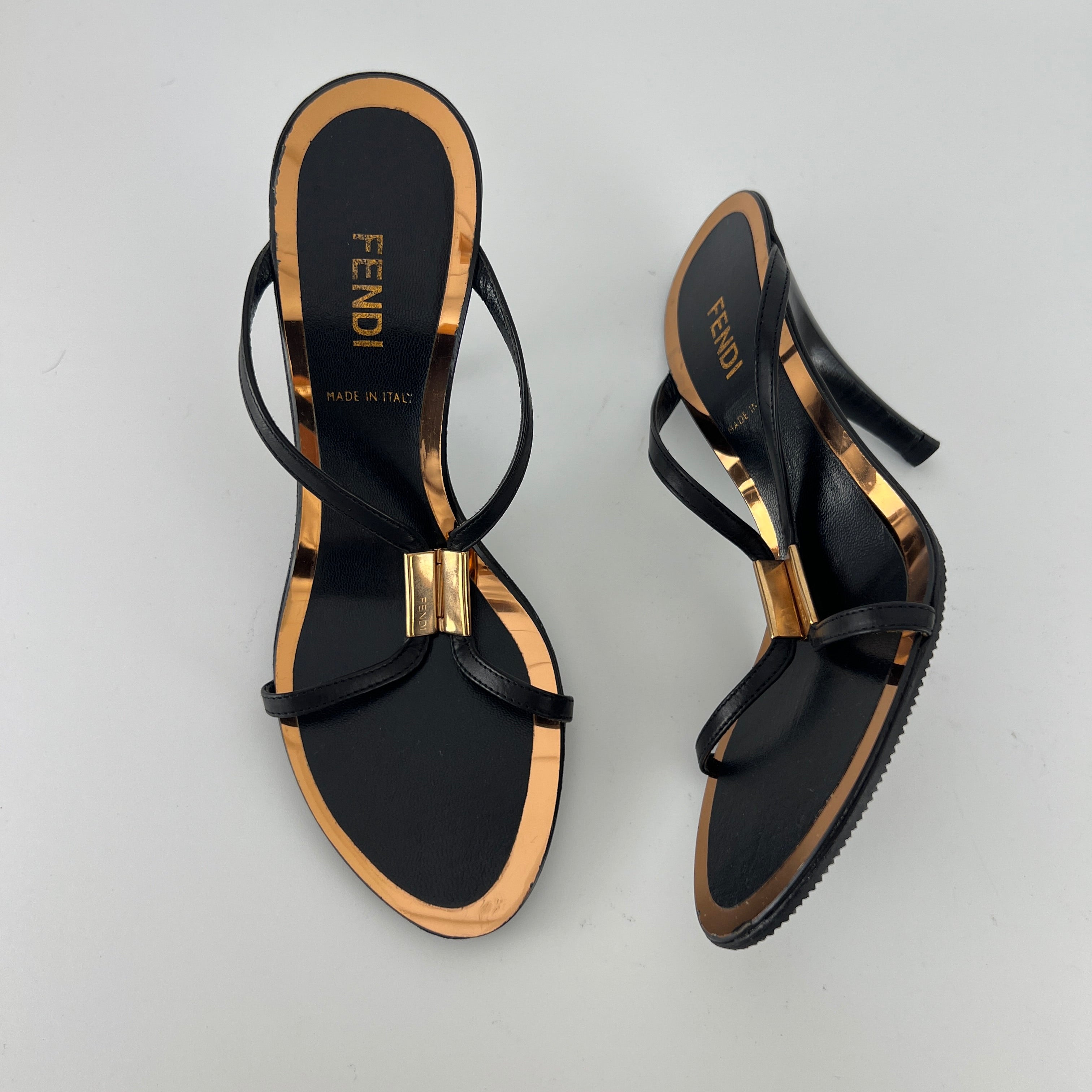 Fendi | Black Leather Gold Logo Plate Strappy Slide Mule (36)