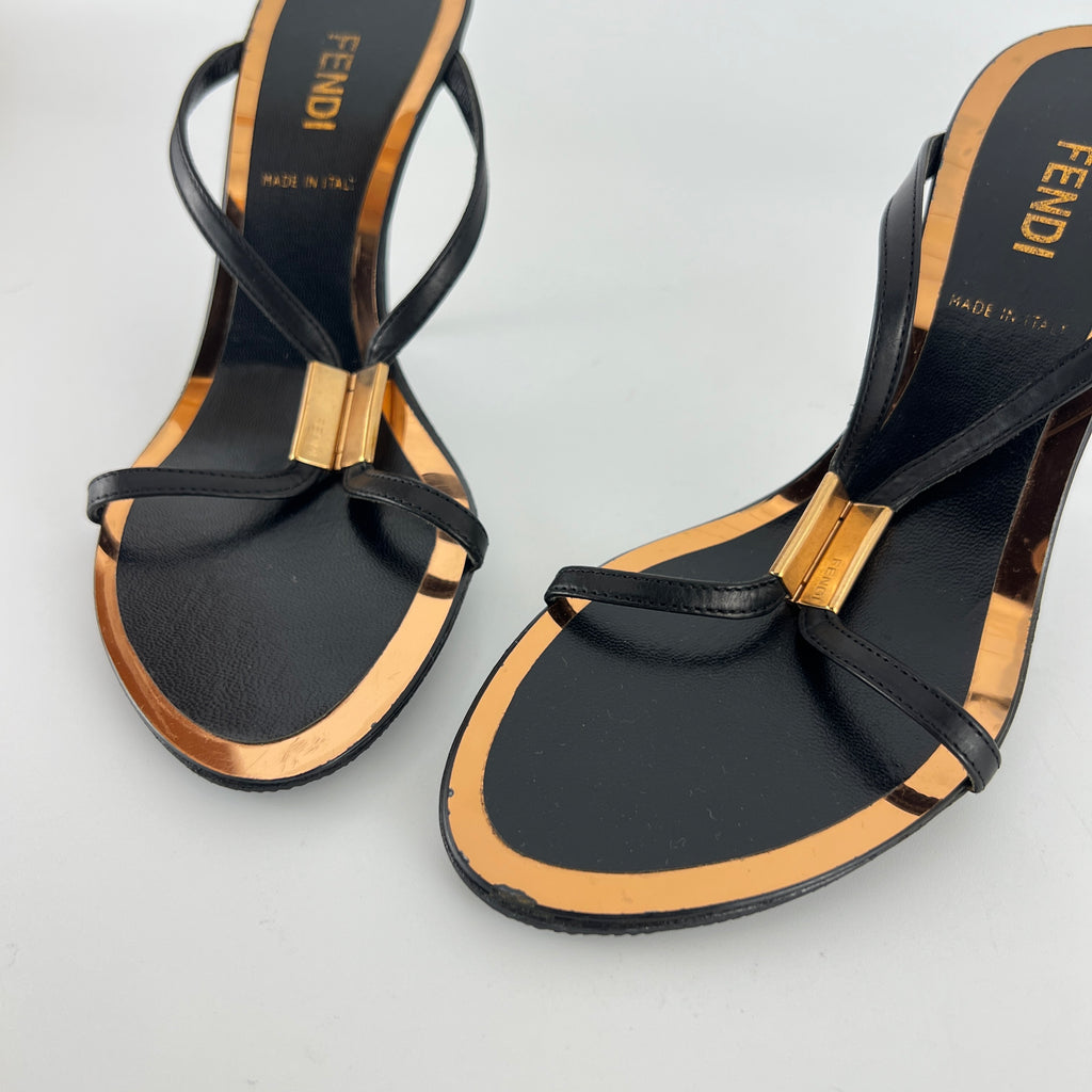 Fendi | Black Leather Gold Logo Plate Strappy Slide Mule (36)