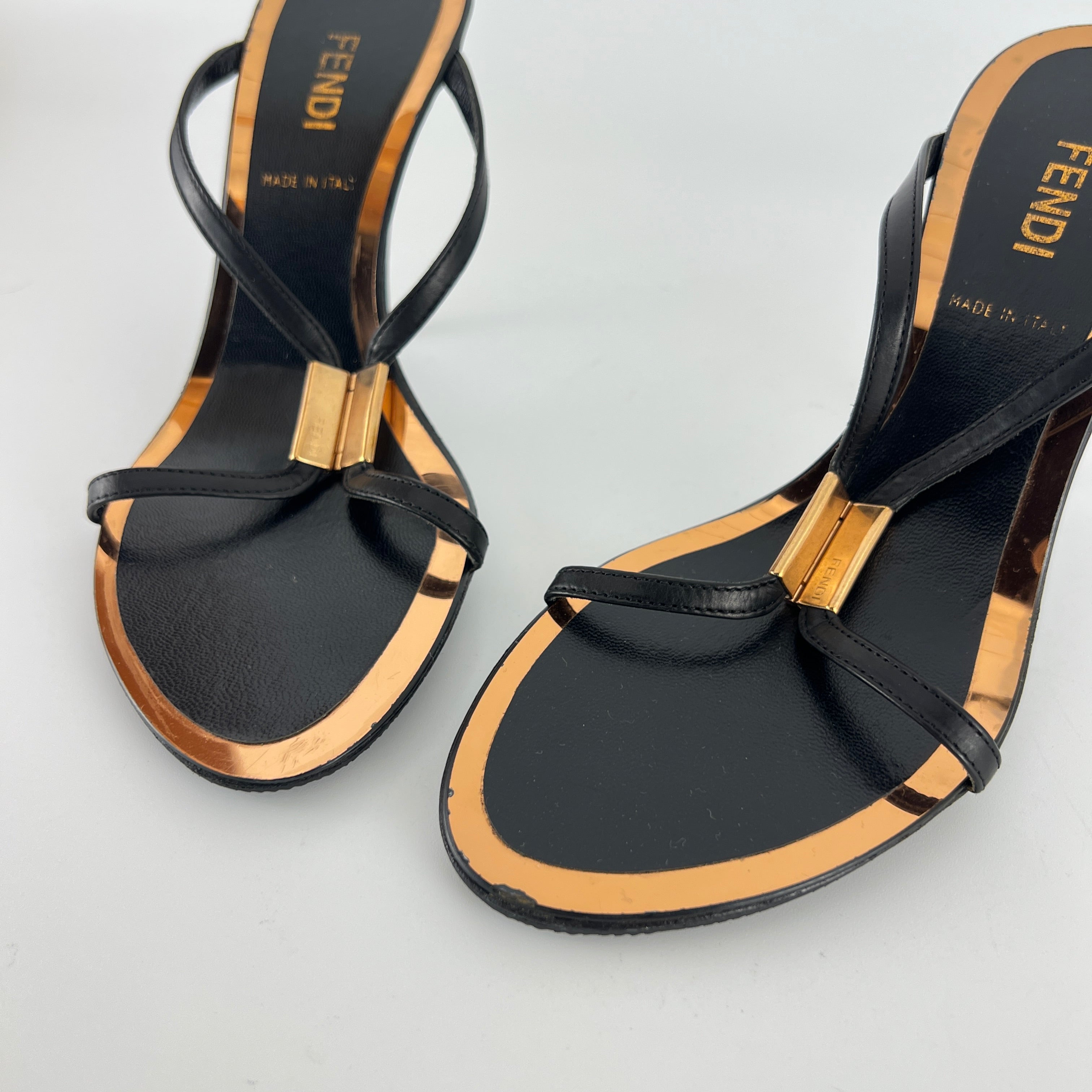 Fendi | Black Leather Gold Logo Plate Strappy Slide Mule (36)