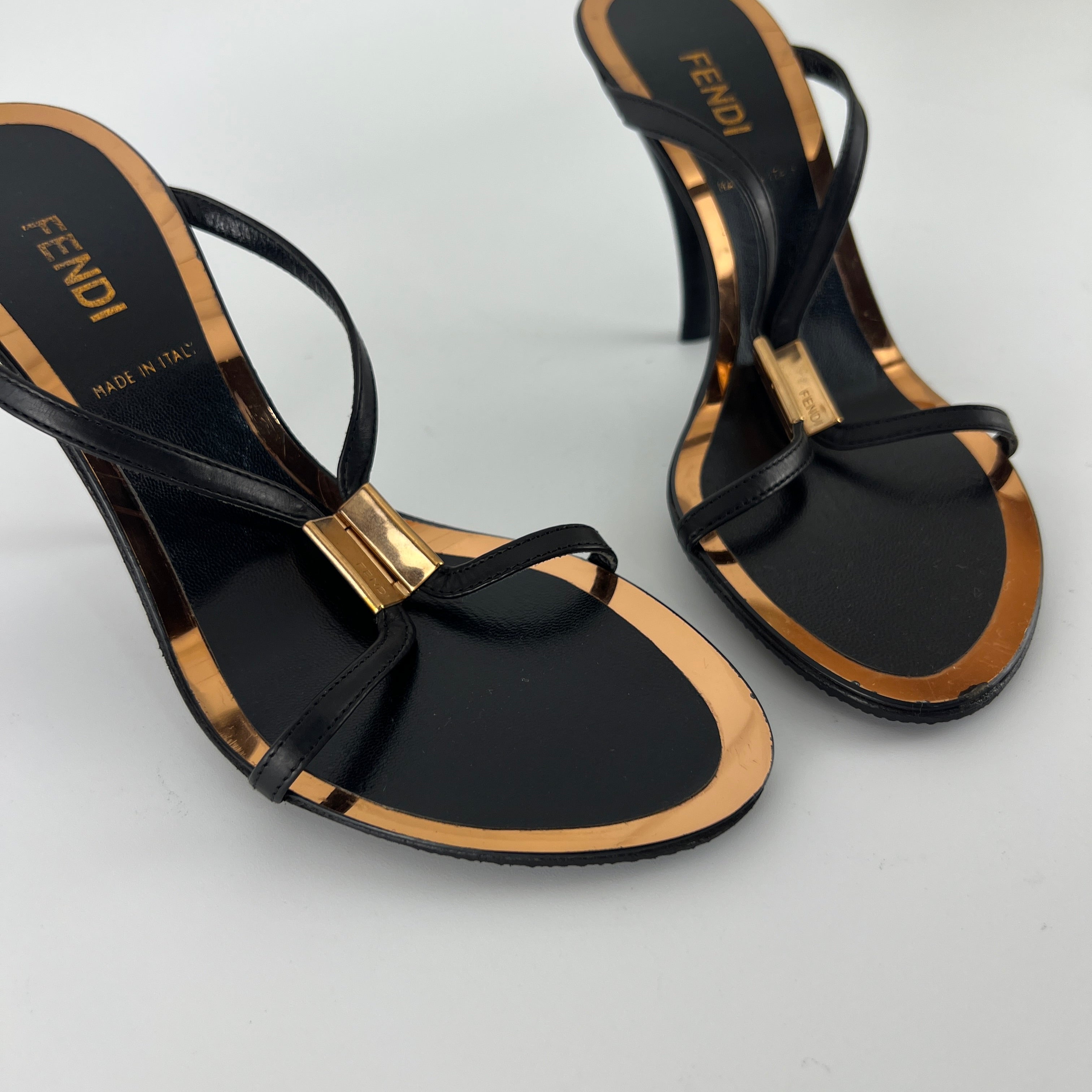 Fendi | Black Leather Gold Logo Plate Strappy Slide Mule (36)