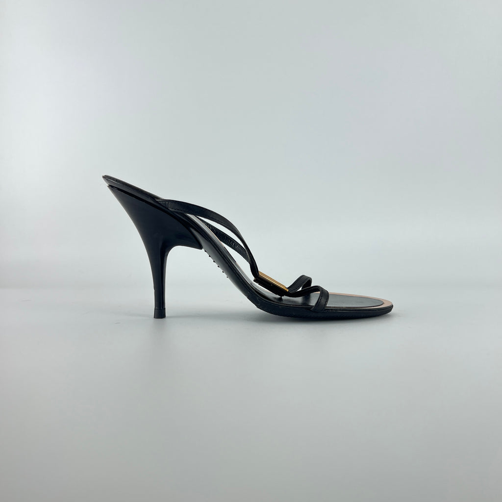 Fendi | Black Leather Gold Logo Plate Strappy Slide Mule (36)