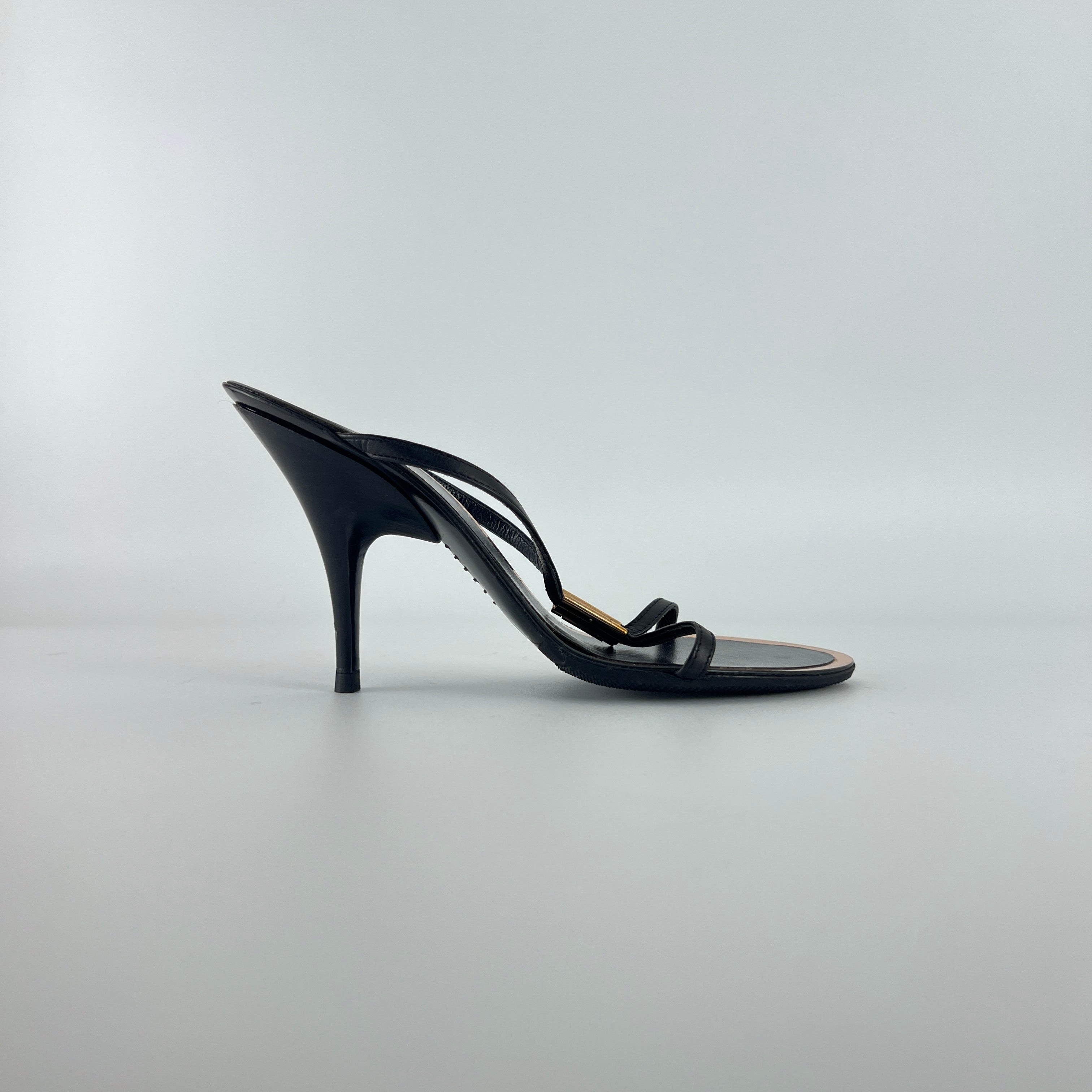 Fendi | Black Leather Gold Logo Plate Strappy Slide Mule (36)