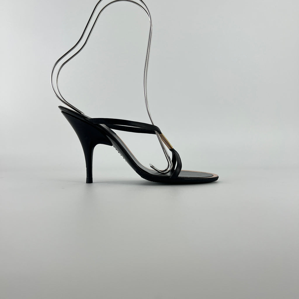 Fendi | Black Leather Gold Logo Plate Strappy Slide Mule (36)