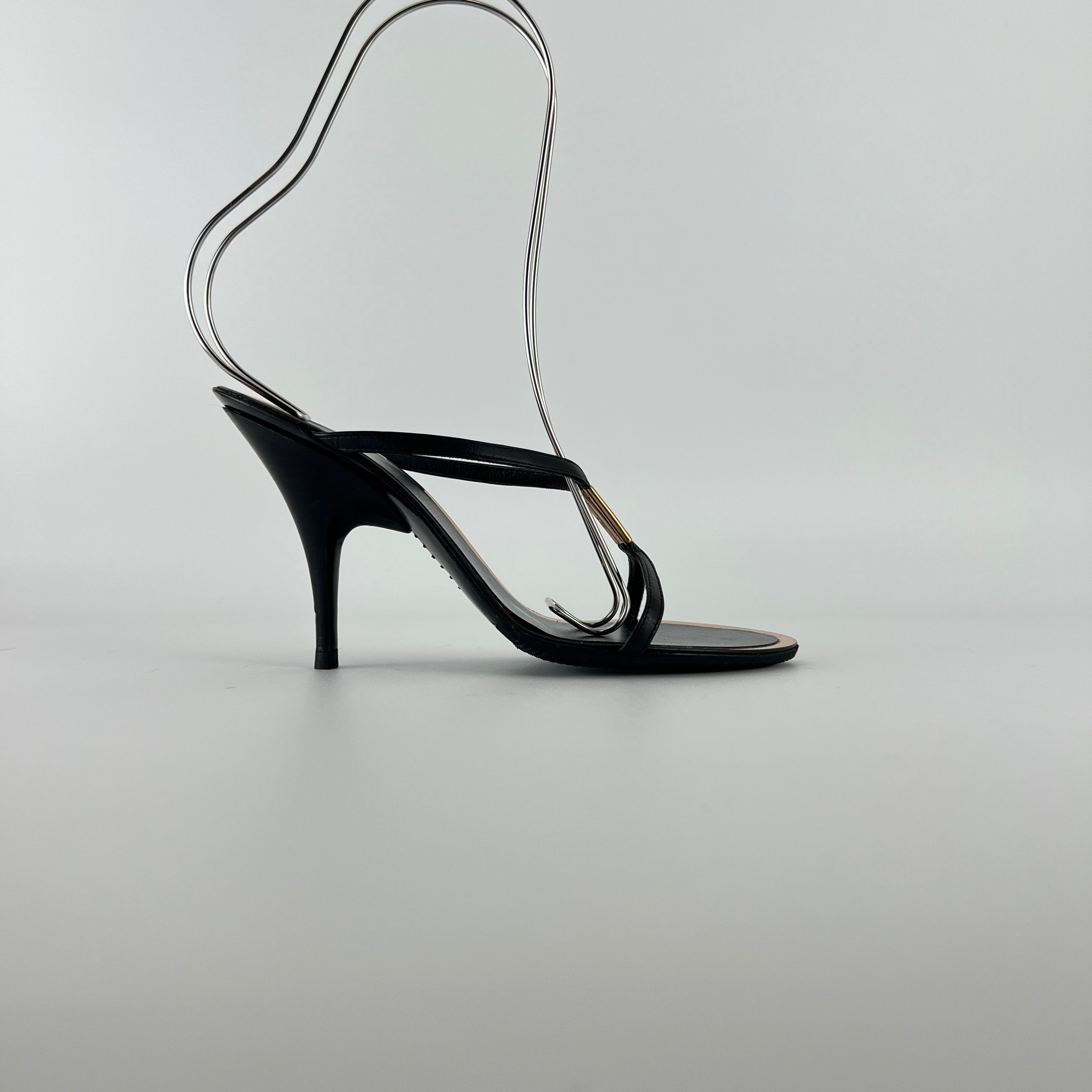 Fendi | Black Leather Gold Logo Plate Strappy Slide Mule (36)