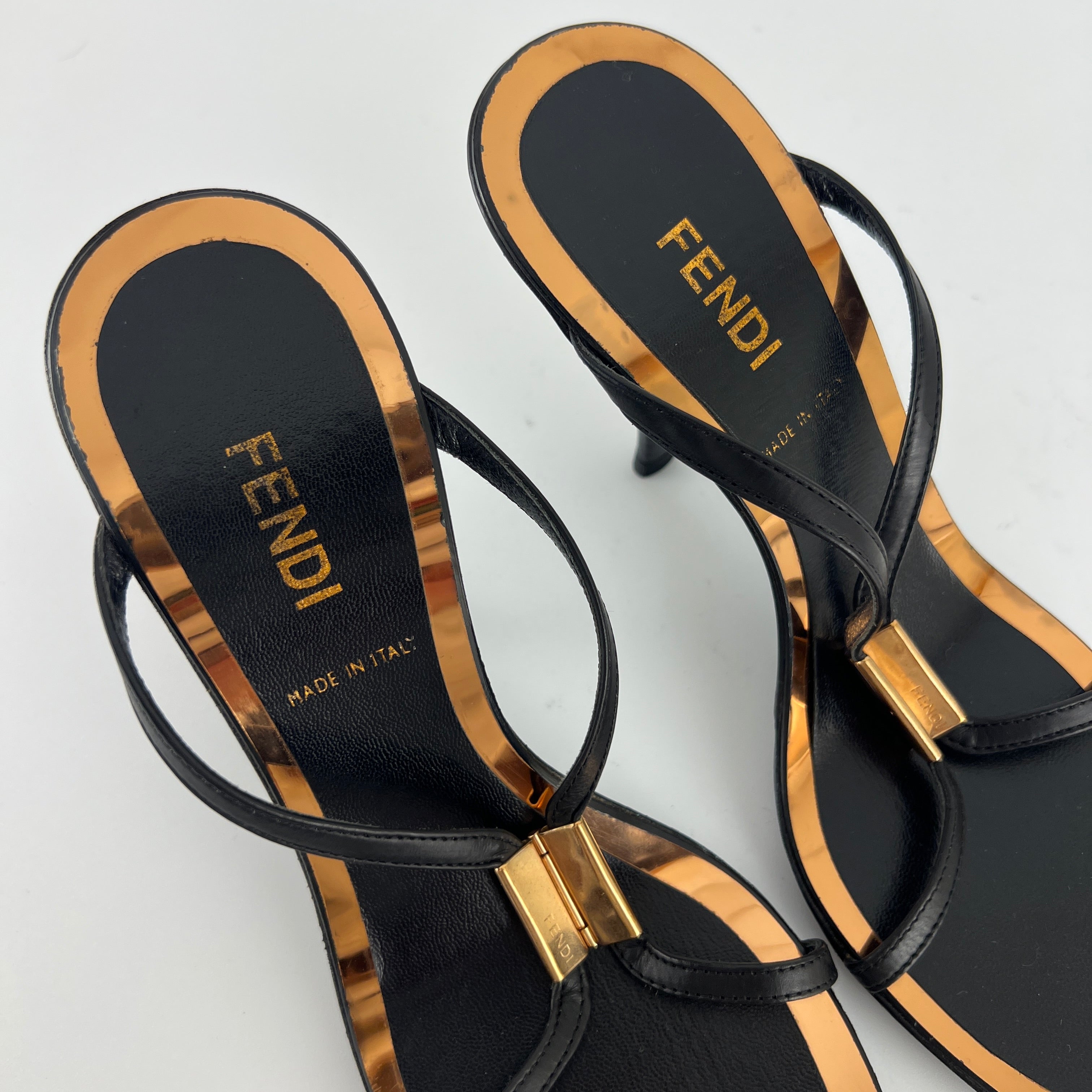 Fendi | Black Leather Gold Logo Plate Strappy Slide Mule (36)