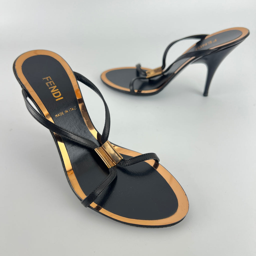 Fendi | Black Leather Gold Logo Plate Strappy Slide Mule (36)