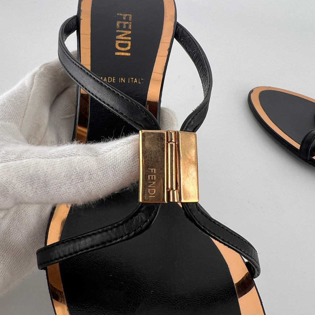 Fendi | Black Leather Gold Logo Plate Strappy Slide Mule (36)