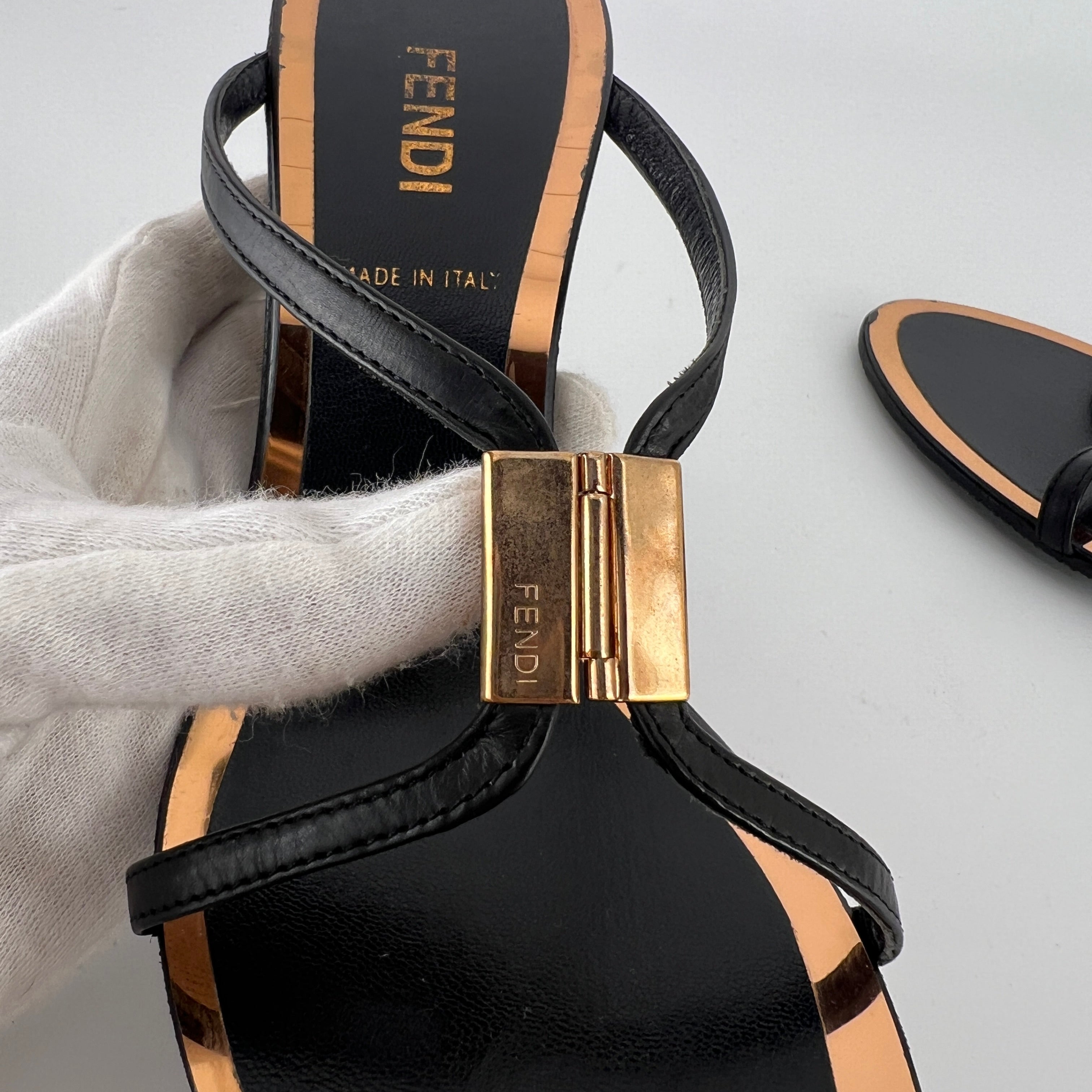 Fendi | Black Leather Gold Logo Plate Strappy Slide Mule (36)