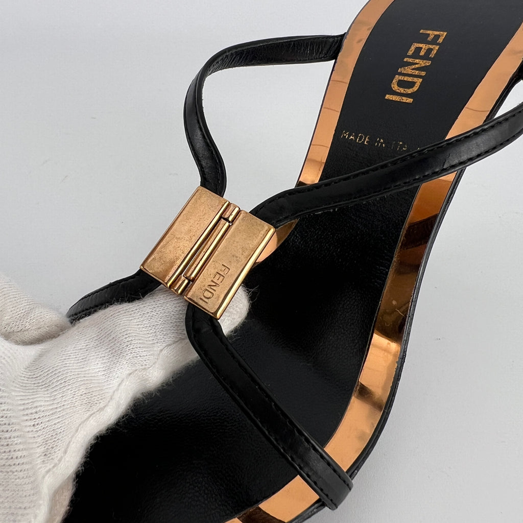 Fendi | Black Leather Gold Logo Plate Strappy Slide Mule (36)