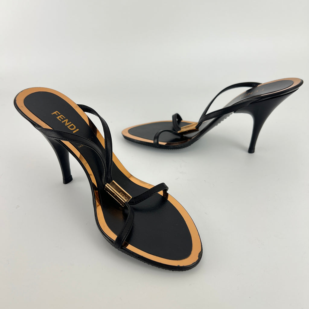 Fendi | Black Leather Gold Logo Plate Strappy Slide Mule (36)