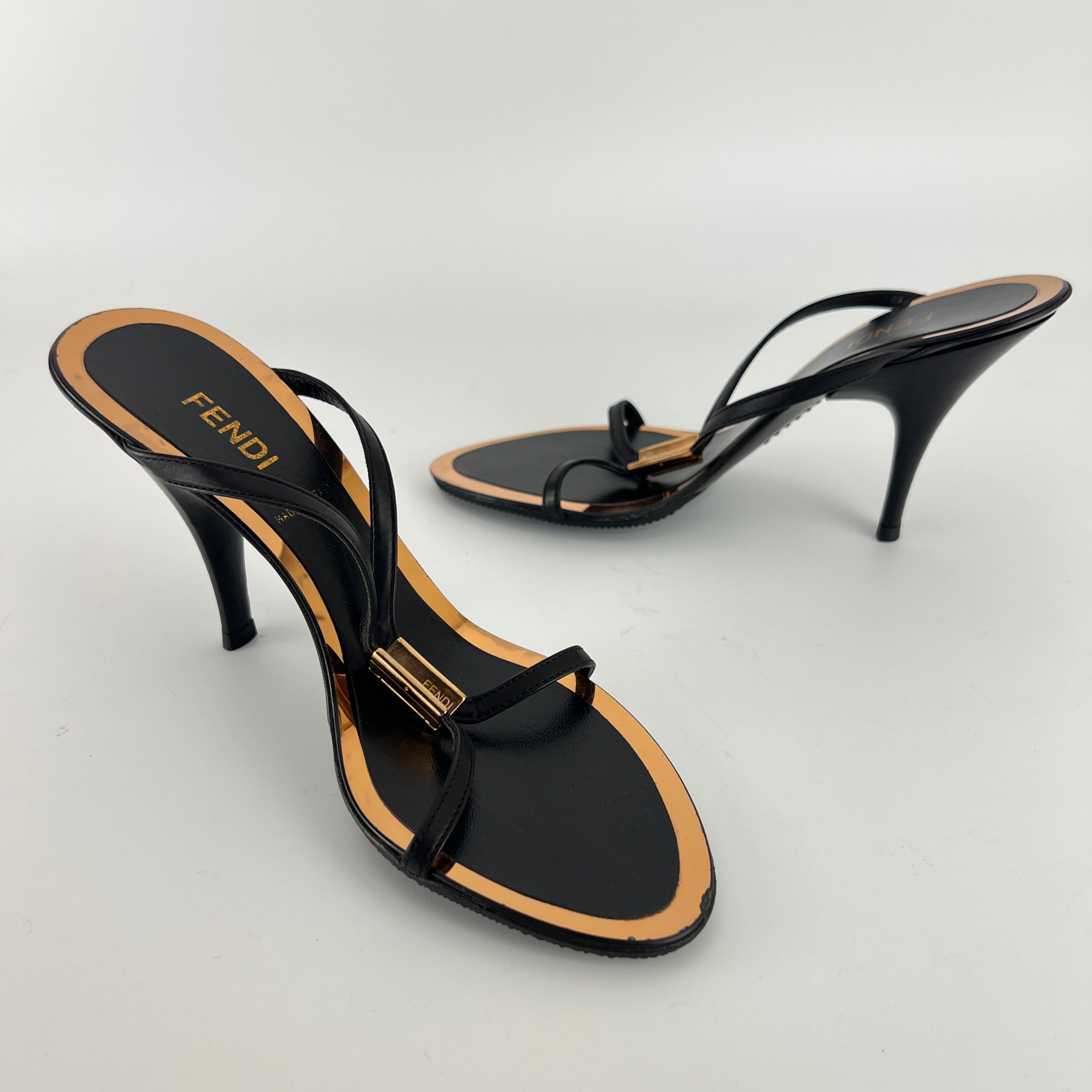 Fendi | Black Leather Gold Logo Plate Strappy Slide Mule (36)