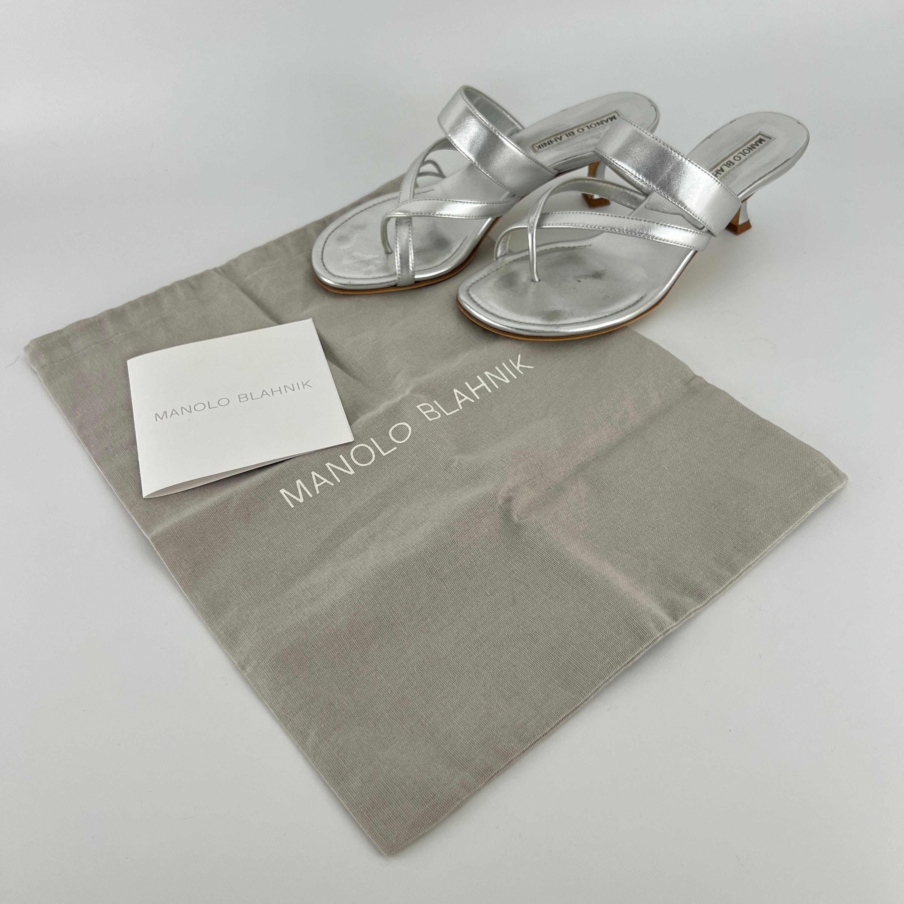 Manolo Blahnik | Susa 50 Metallic Silver Leather Thong Strappy Sandal Mules (35.5)