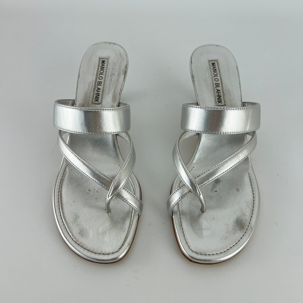 Manolo Blahnik | Susa 50 Metallic Silver Leather Thong Strappy Sandal Mules (35.5)