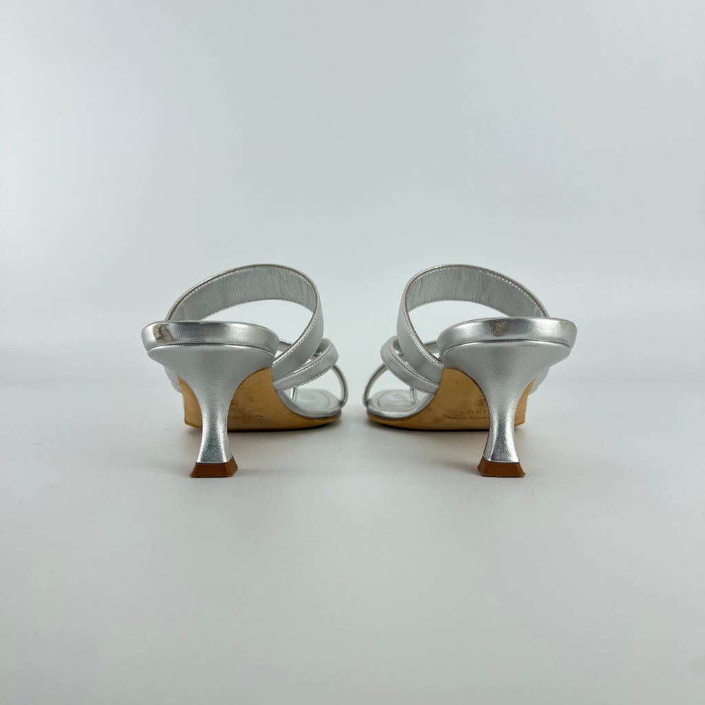 Manolo Blahnik | Susa 50 Metallic Silver Leather Thong Strappy Sandal Mules (35.5)