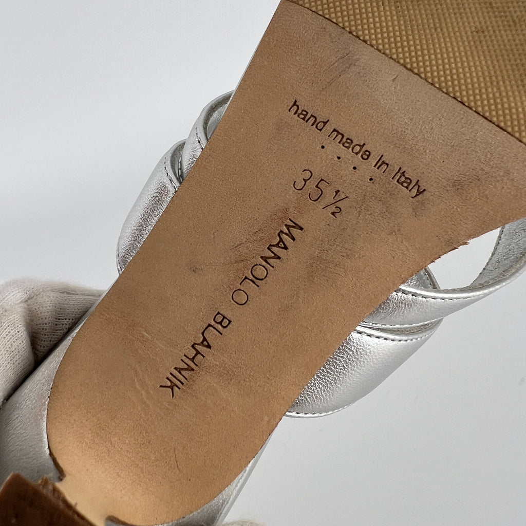 Manolo Blahnik | Susa 50 Metallic Silver Leather Thong Strappy Sandal Mules (35.5)