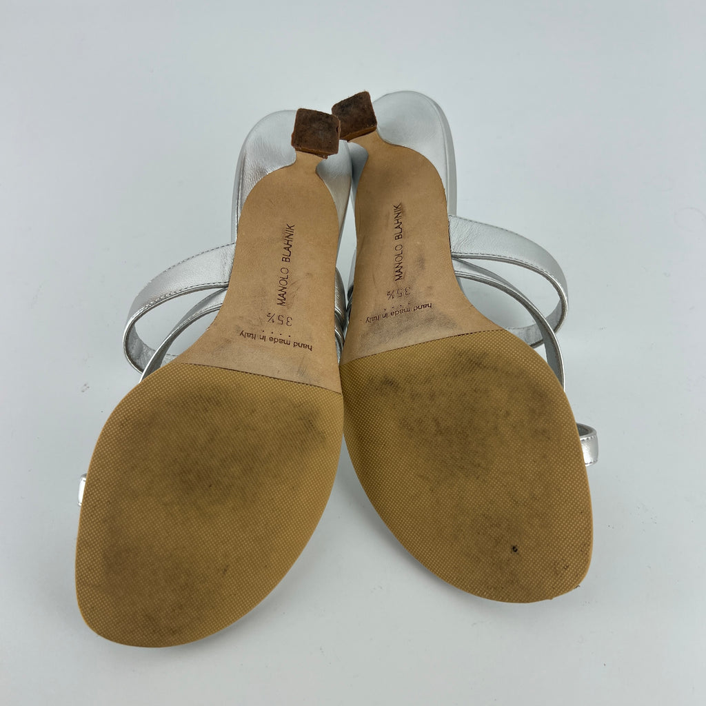 Manolo Blahnik | Susa 50 Metallic Silver Leather Thong Strappy Sandal Mules (35.5)