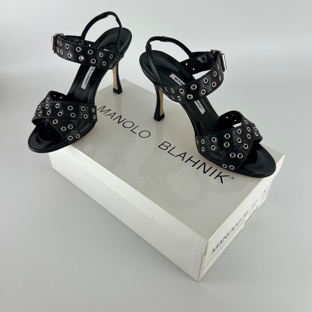 Manolo Blahnik | Lupettopen Black Leather Silver Eyelet Sandal Heels (34)
