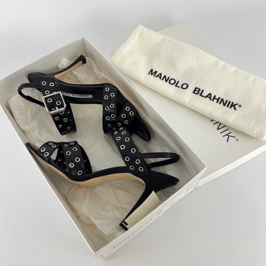 Manolo Blahnik | Lupettopen Black Leather Silver Eyelet Sandal Heels (34)