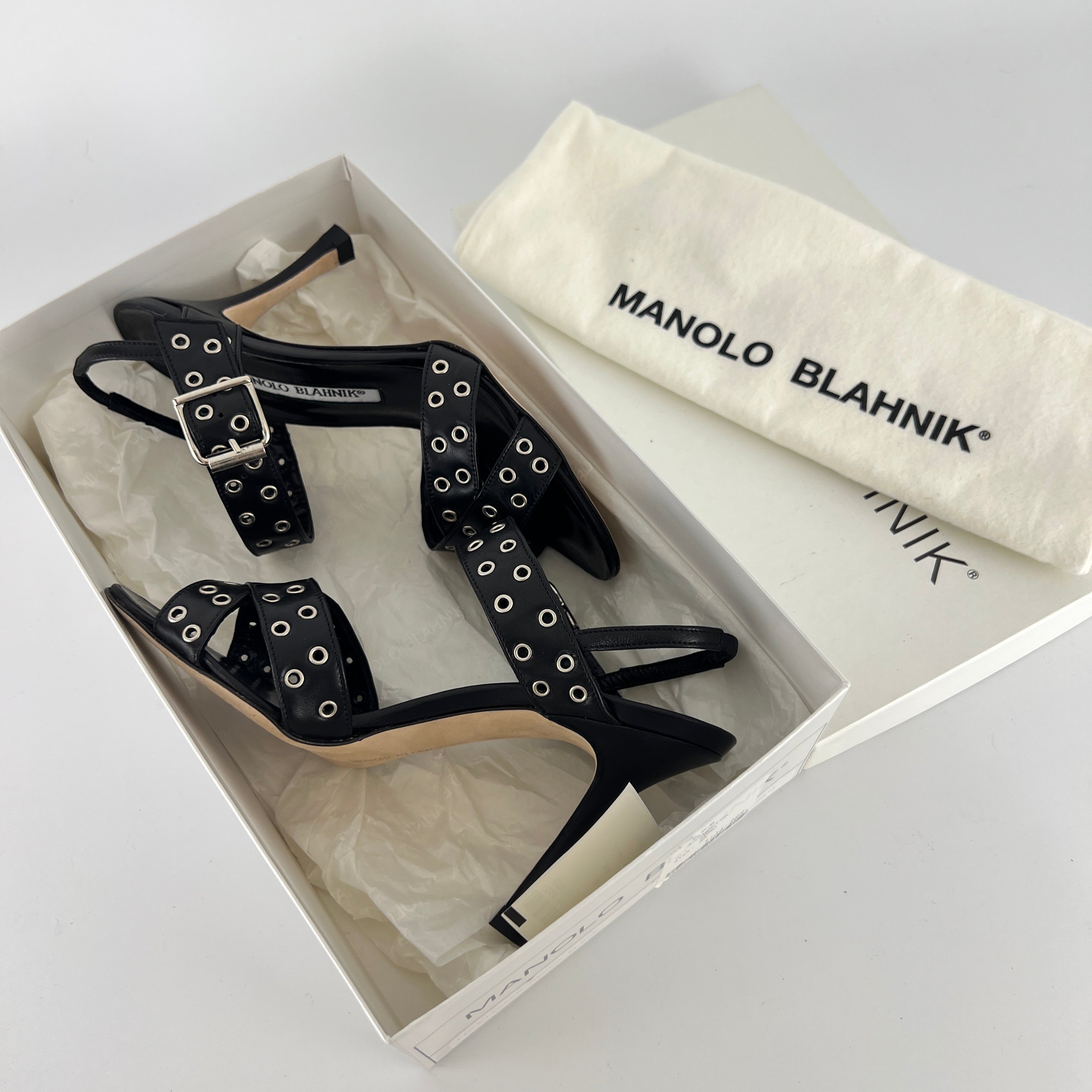 Manolo Blahnik | Lupettopen Black Leather Silver Eyelet Sandal Heels (34)