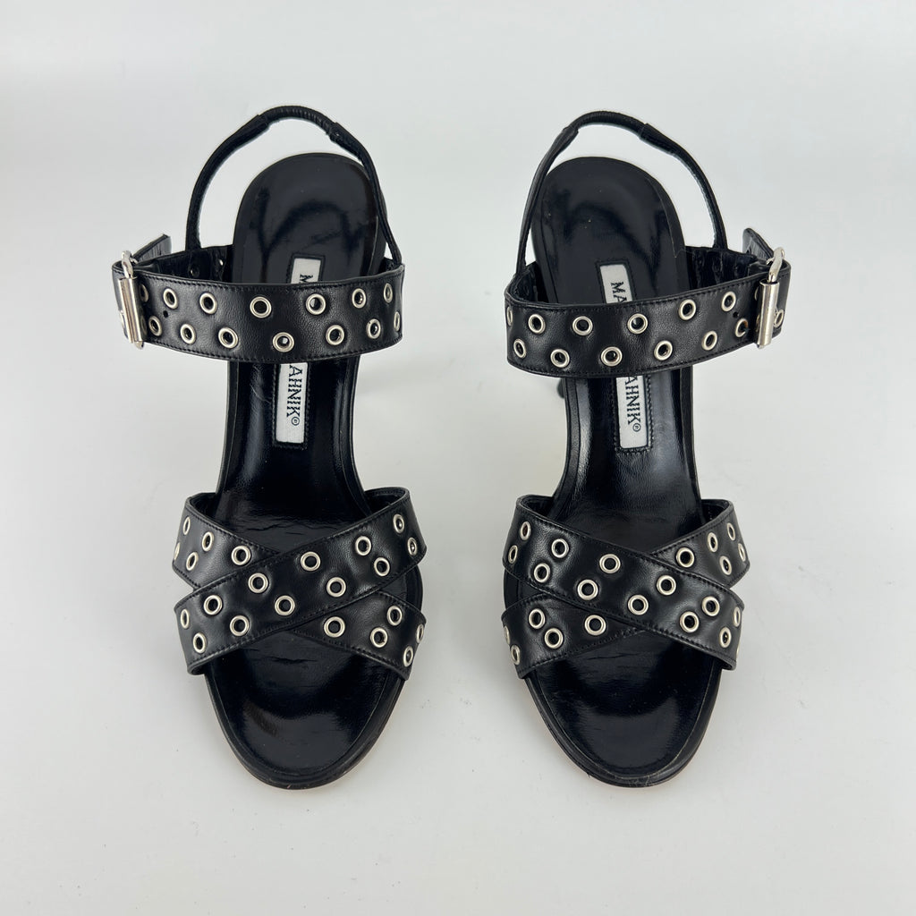 Manolo Blahnik | Lupettopen Black Leather Silver Eyelet Sandal Heels (34)