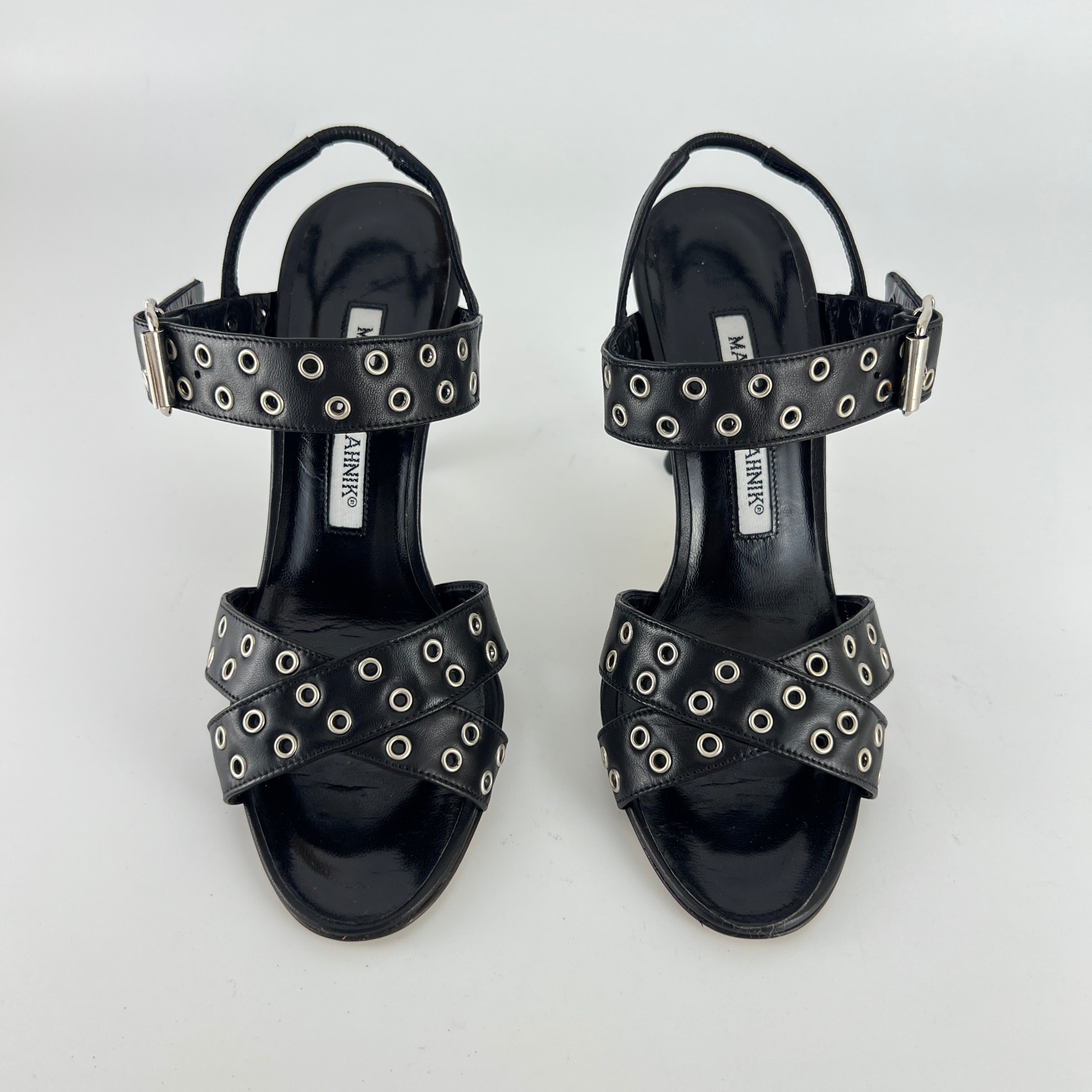 Manolo Blahnik | Lupettopen Black Leather Silver Eyelet Sandal Heels (34)