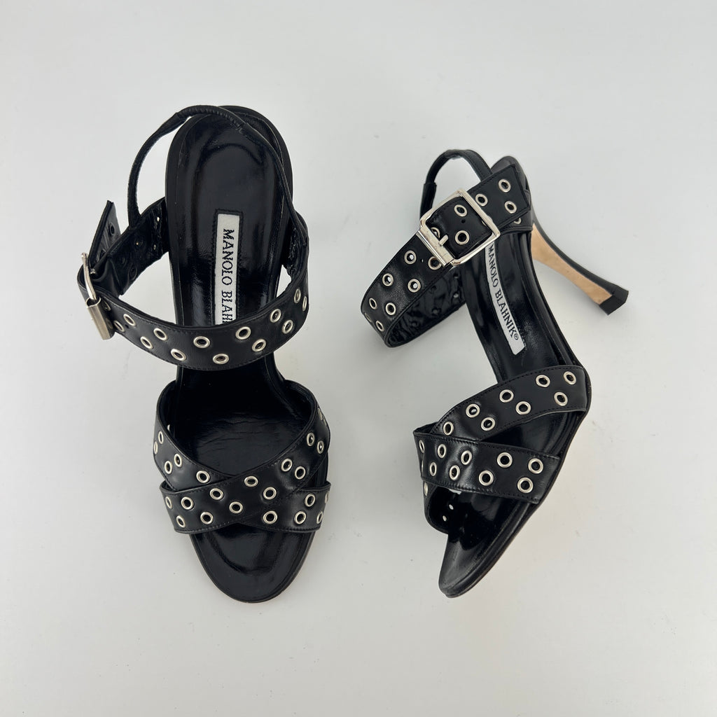 Manolo Blahnik | Lupettopen Black Leather Silver Eyelet Sandal Heels (34)