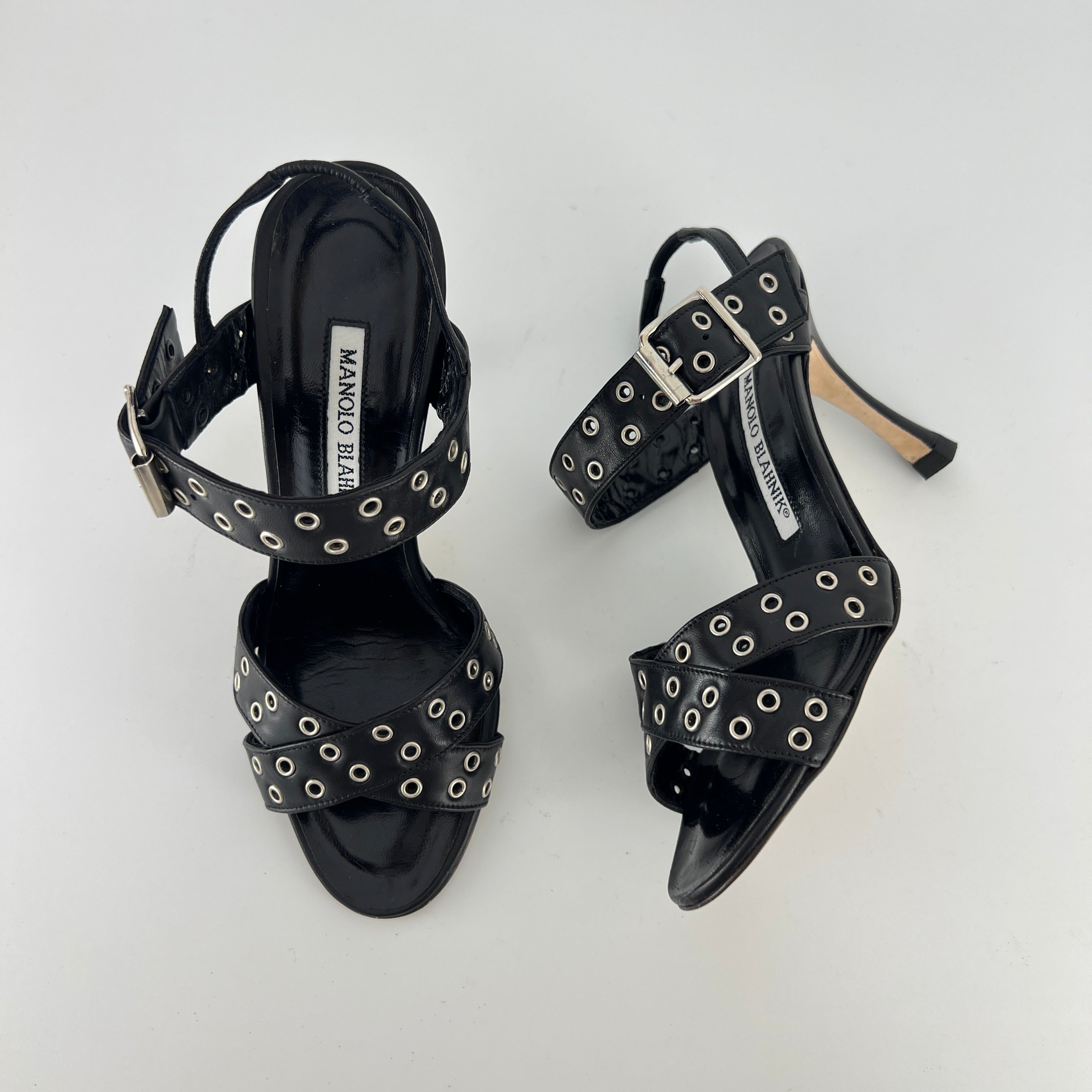 Manolo Blahnik | Lupettopen Black Leather Silver Eyelet Sandal Heels (34)