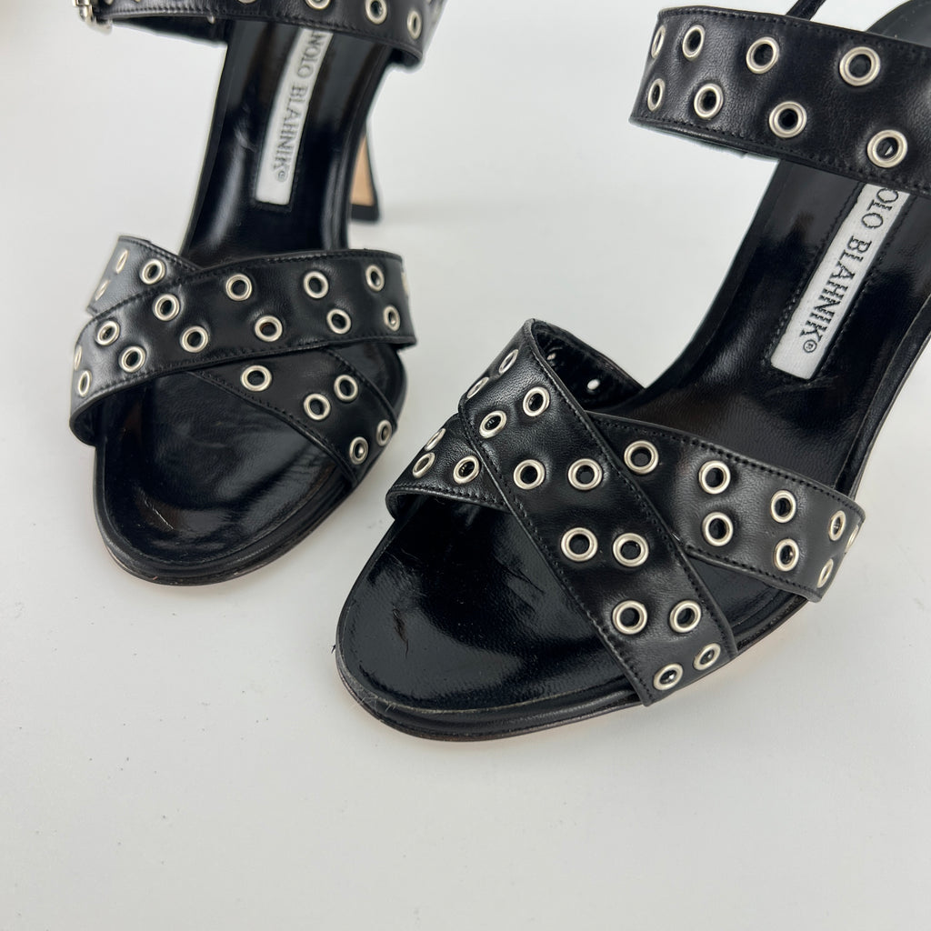 Manolo Blahnik | Lupettopen Black Leather Silver Eyelet Sandal Heels (34)