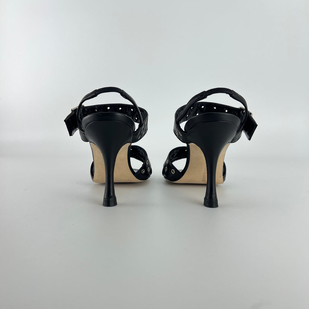 Manolo Blahnik | Lupettopen Black Leather Silver Eyelet Sandal Heels (34)