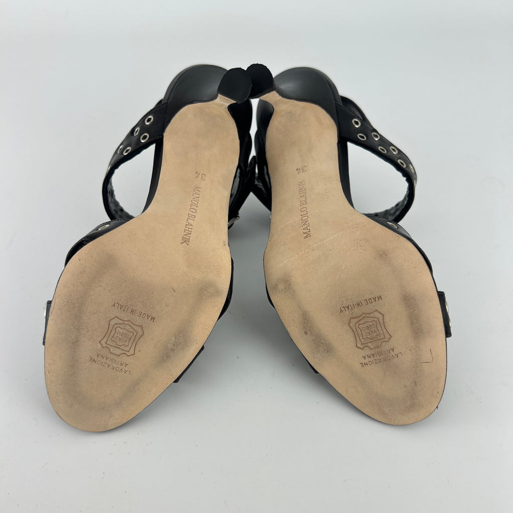 Manolo Blahnik | Lupettopen Black Leather Silver Eyelet Sandal Heels (34)