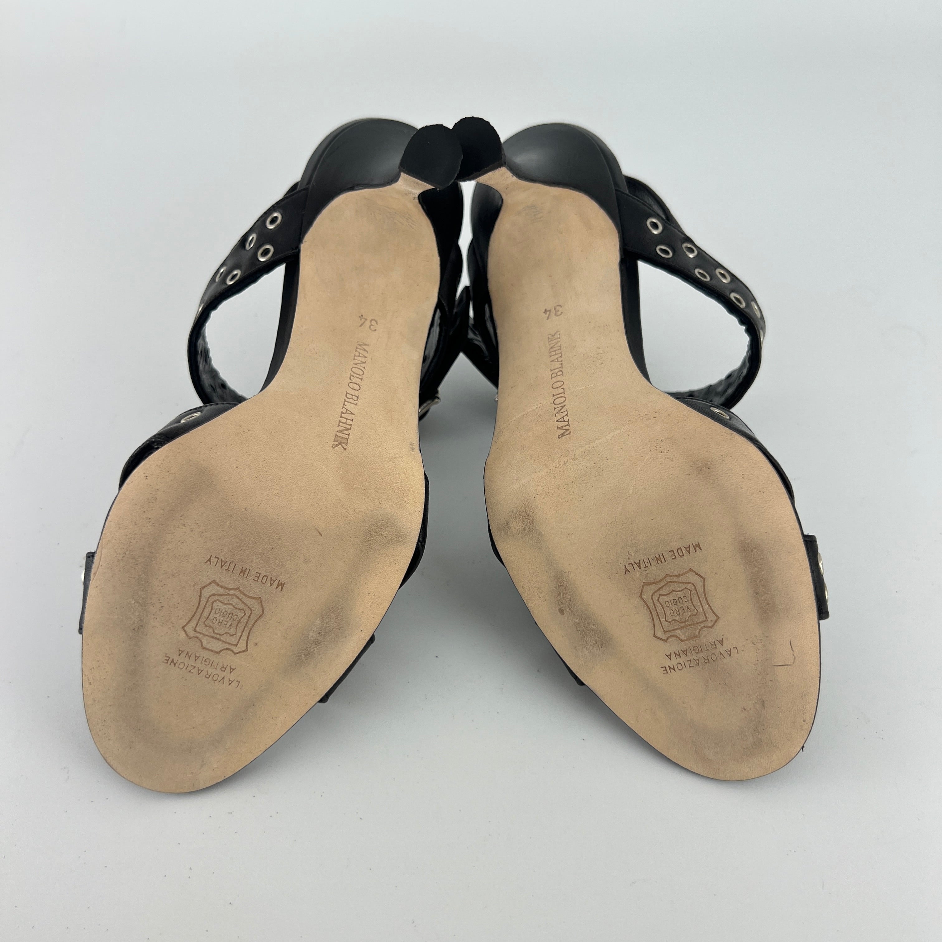 Manolo Blahnik | Lupettopen Black Leather Silver Eyelet Sandal Heels (34)