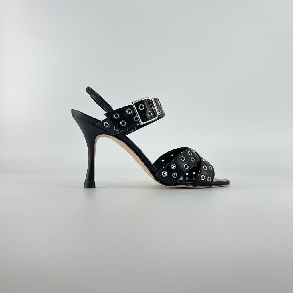 Manolo Blahnik | Lupettopen Black Leather Silver Eyelet Sandal Heels (34)