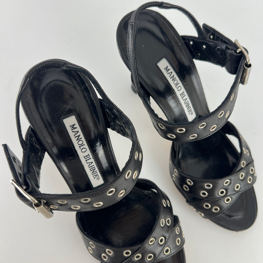 Manolo Blahnik | Lupettopen Black Leather Silver Eyelet Sandal Heels (34)