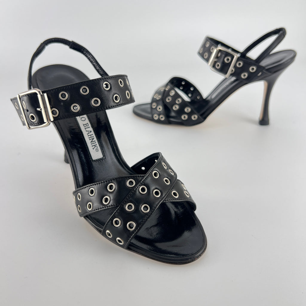 Manolo Blahnik | Lupettopen Black Leather Silver Eyelet Sandal Heels (34)