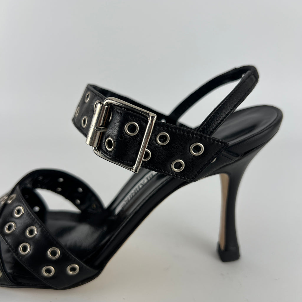 Manolo Blahnik | Lupettopen Black Leather Silver Eyelet Sandal Heels (34)