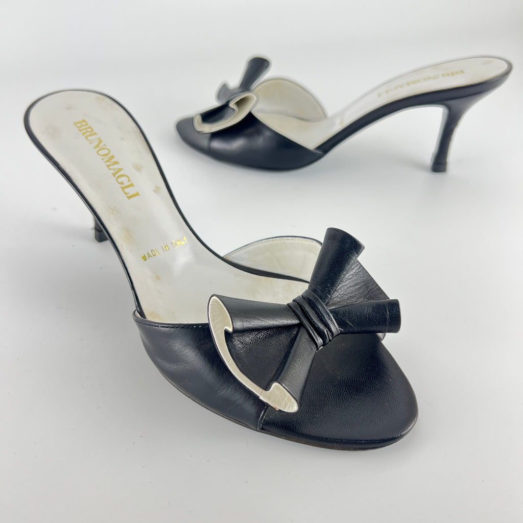 Bruno Magli | Black Leather Bow Slide Mules (37)