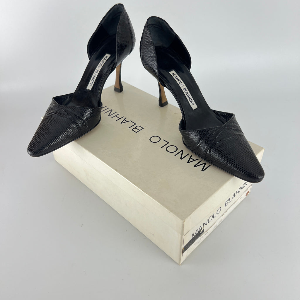 Manolo Blahnik | Vintage Ceolfrido Black Lizard Leather Pointed Toe D'Orsay (35)