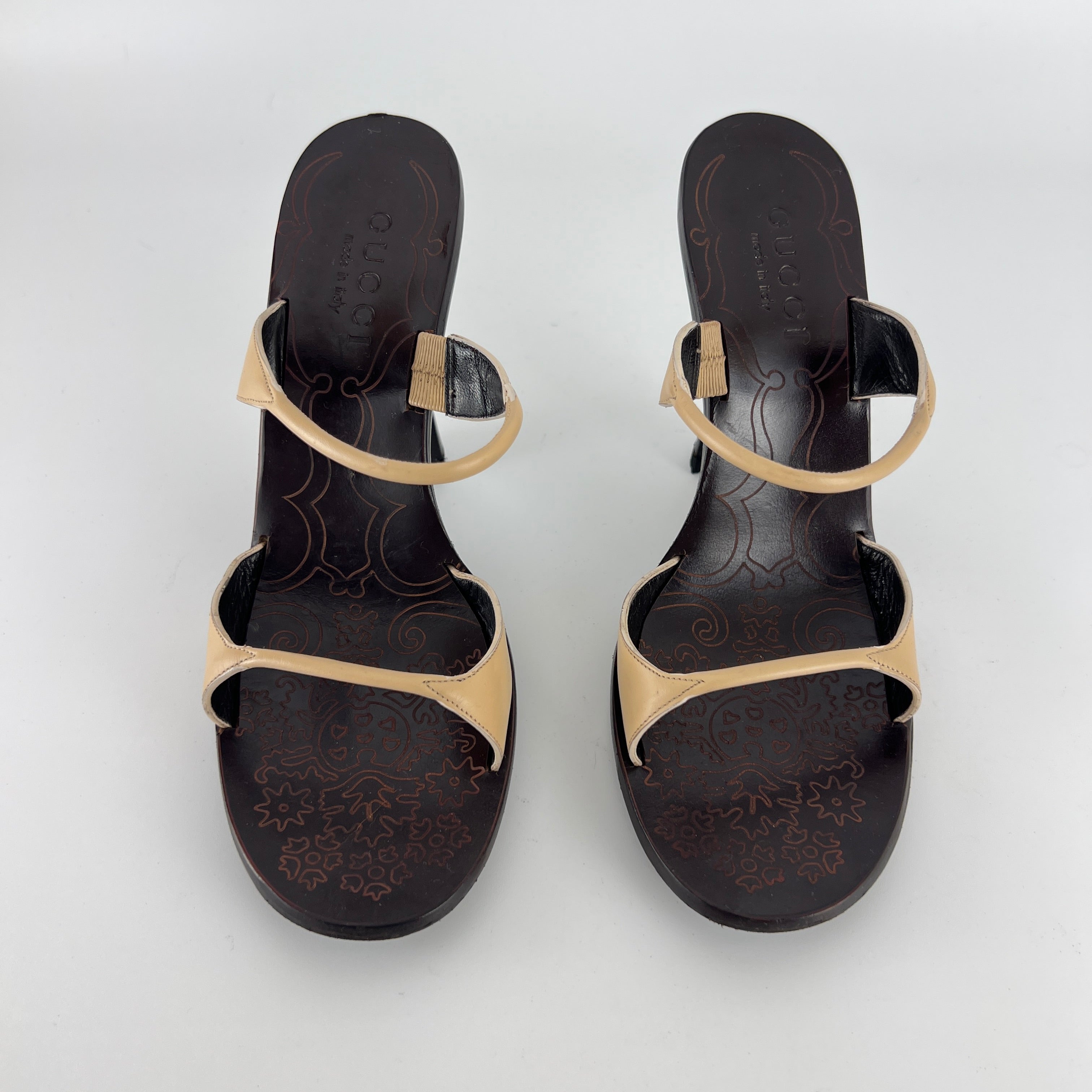Gucci | Vintage Tan Leather Embossed Insole Strappy Slide Mule (37)