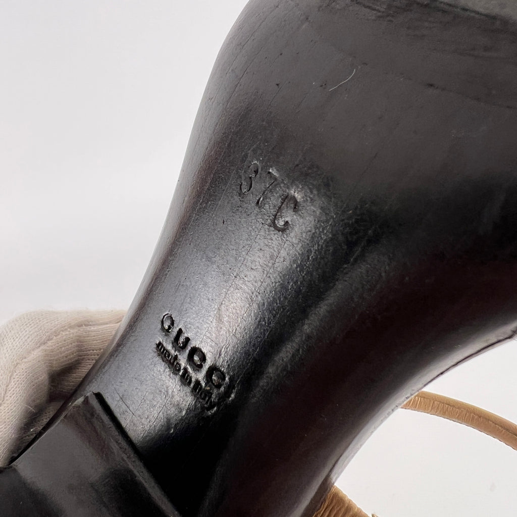 Gucci | Vintage Tan Leather Embossed Insole Strappy Slide Mule (37)